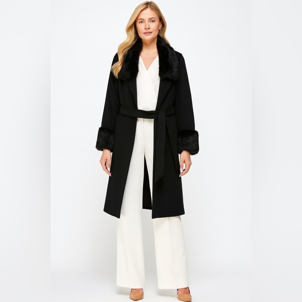 Vintage Lord & Taylor Wool Blend Knee length Belted Coat Rabbit Fur Trim Black
